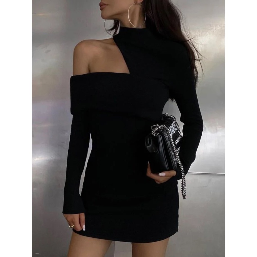 COMMENSE Mock Neck Oblique Cutout Rib Long Sleeve Mini Dress Black XS